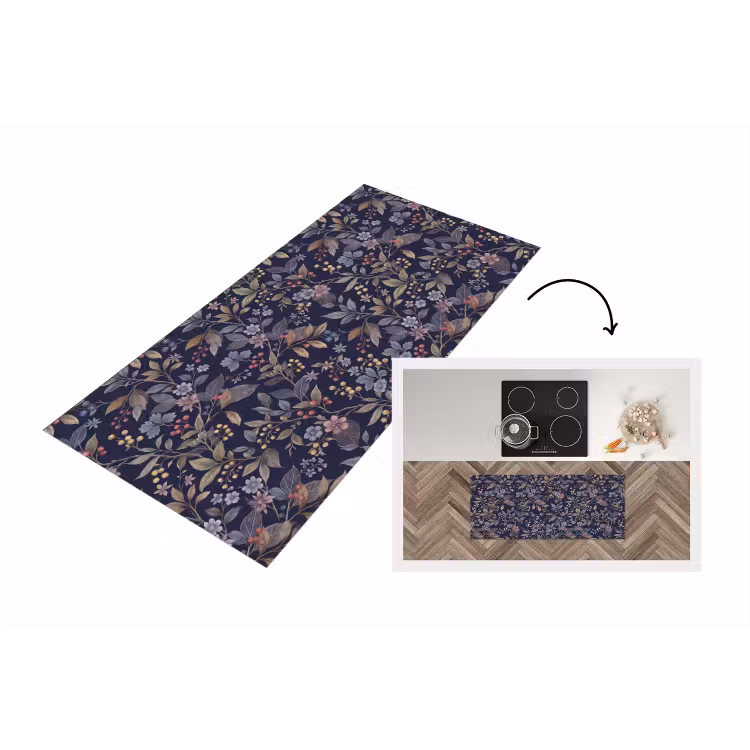 Bloemen - Bladeren - Patroon - Botanisch - Donkerblauw Keukenloper - keukenmat middel -3d