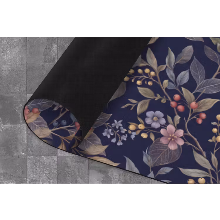 Bloemen - Bladeren - Patroon - Botanisch - Donkerblauw Keukenloper - keukenmat middel -closeup