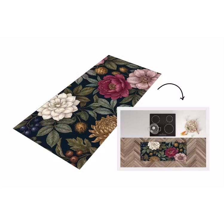 Bloemen - Botanisch - Illustratie - Donker - Vintage Keukenloper - keukenmat middel -3d