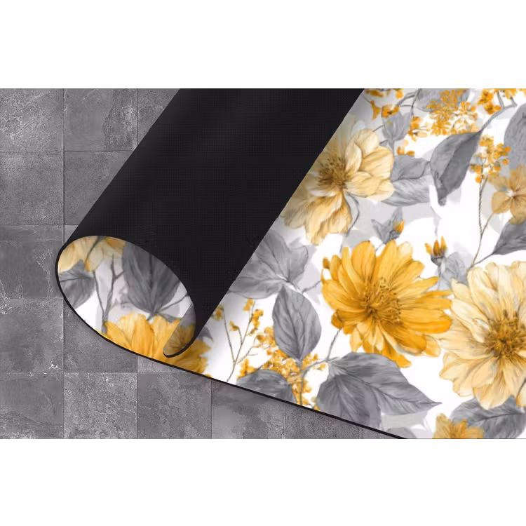 Bloemen - Botanisch - Elegant - Okergeel - Grijs Keukenloper - keukenmat middel 536 -closeup