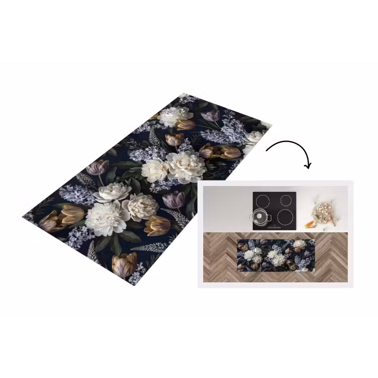 Bloemen - Donker - Elegant - Natuur - Wit Keukenloper - keukenmat middel -3d