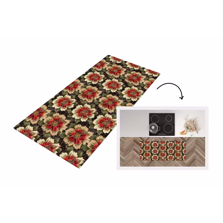Bloemen - Klassiek - Patroon - Rood Keukenloper - keukenmat middel 536 -3d