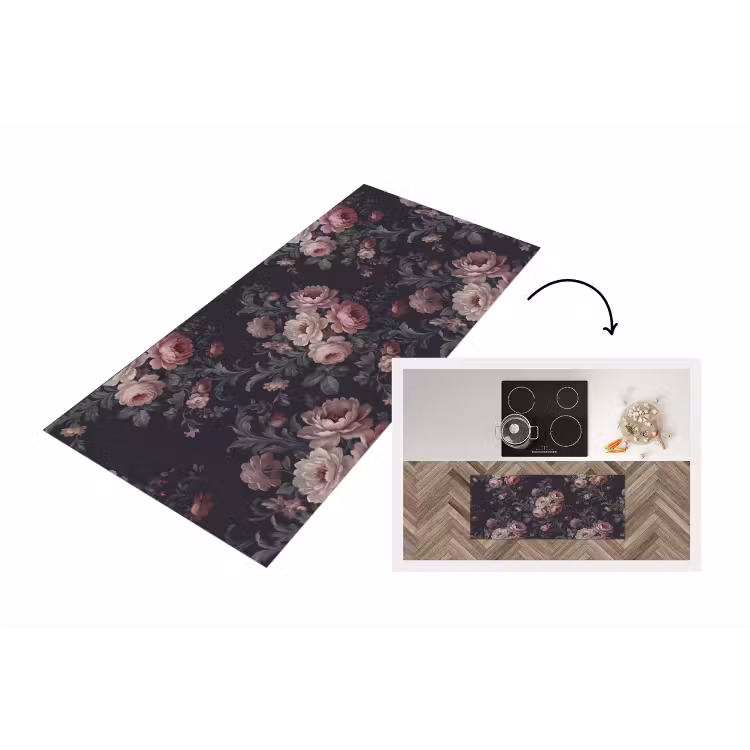 Bloemen - Patroon - Sierlijk - Roze - Donker Keukenloper - keukenmat middel -3d