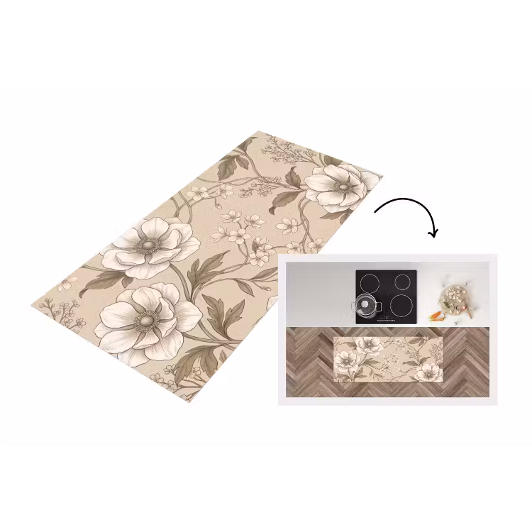 Bloemen - Patroon - Beige Keukenloper - keukenmat middel -3d