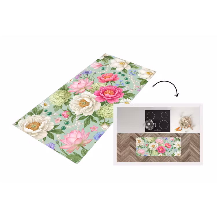 Bloemen - Patroon - Botanisch - Groen Keukenloper - keukenmat middel -3d