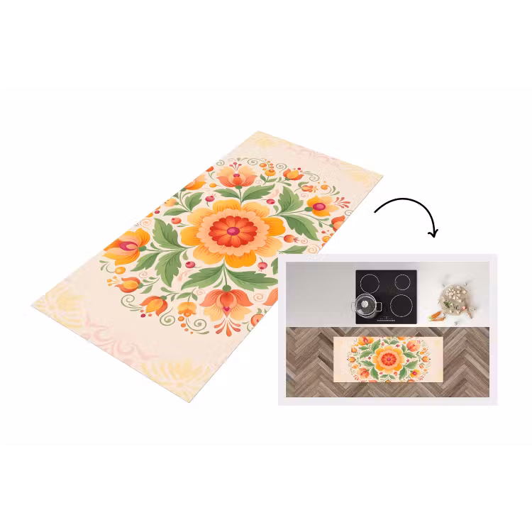 Bloemen - Patroon - Decoratief - Oranje Keukenloper - keukenmat middel -3d