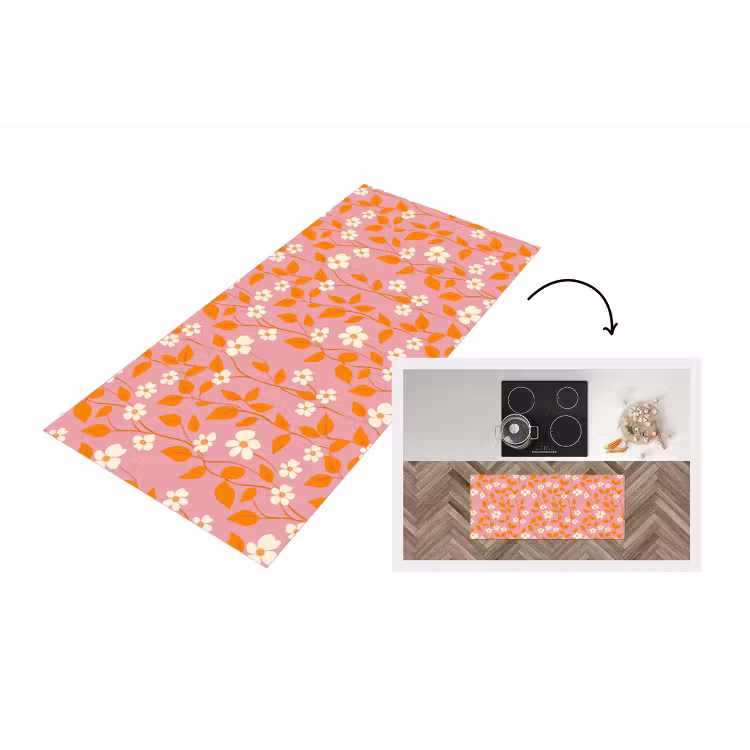 Bloemen - Patroon - Oranje Keukenloper - keukenmat middel 536 -3d