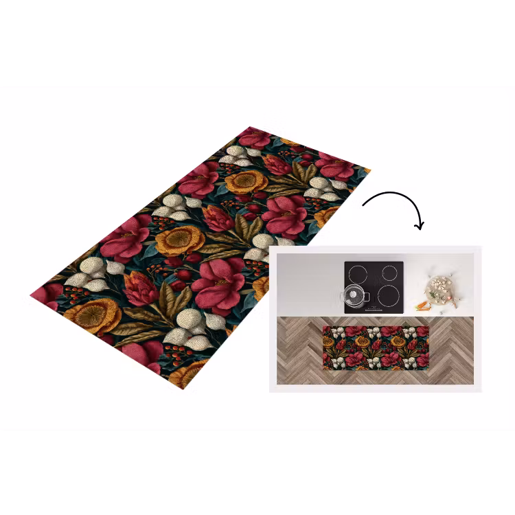 Bloemen - Patroon - Rood - Goud Keukenloper - keukenmat middel 536 -3d