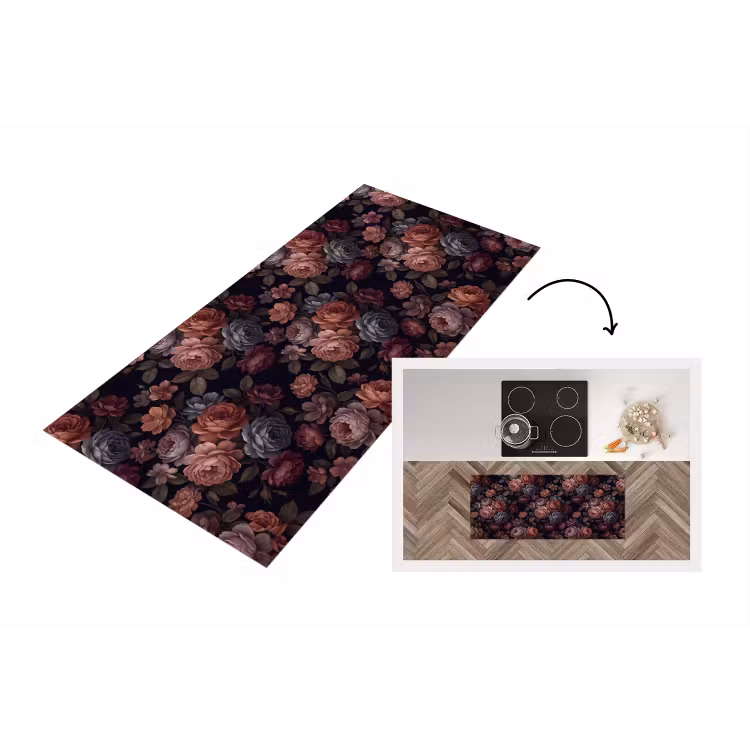 Bloemen - Patroon - Vintage - Donker - Roze Keukenloper - keukenmat middel -3d