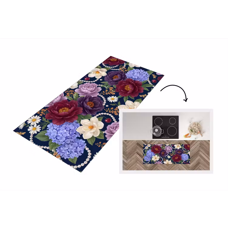 Bloemen - Parels - Decoratie - Modern - Blauw Keukenloper - keukenmat middel -3d