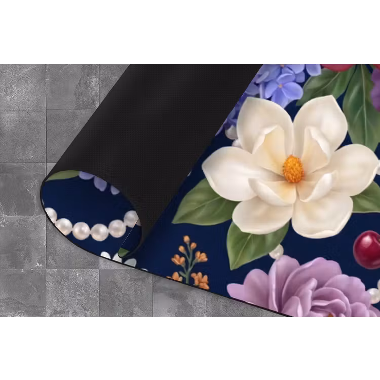 Bloemen - Parels - Decoratie - Modern - Blauw Keukenloper - keukenmat middel -closeup