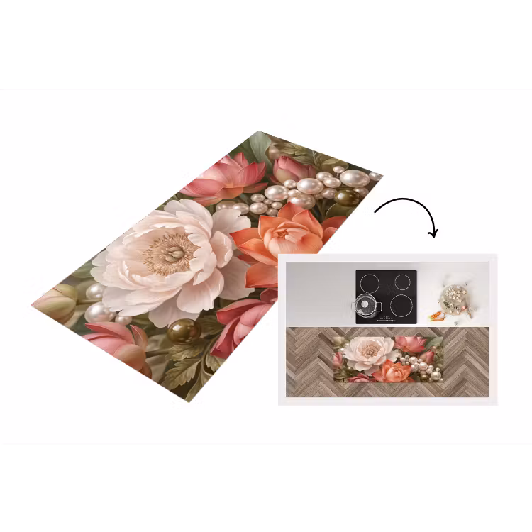 Bloemen - Parels - Elegant - Roze - Wit Keukenloper - keukenmat middel -3d