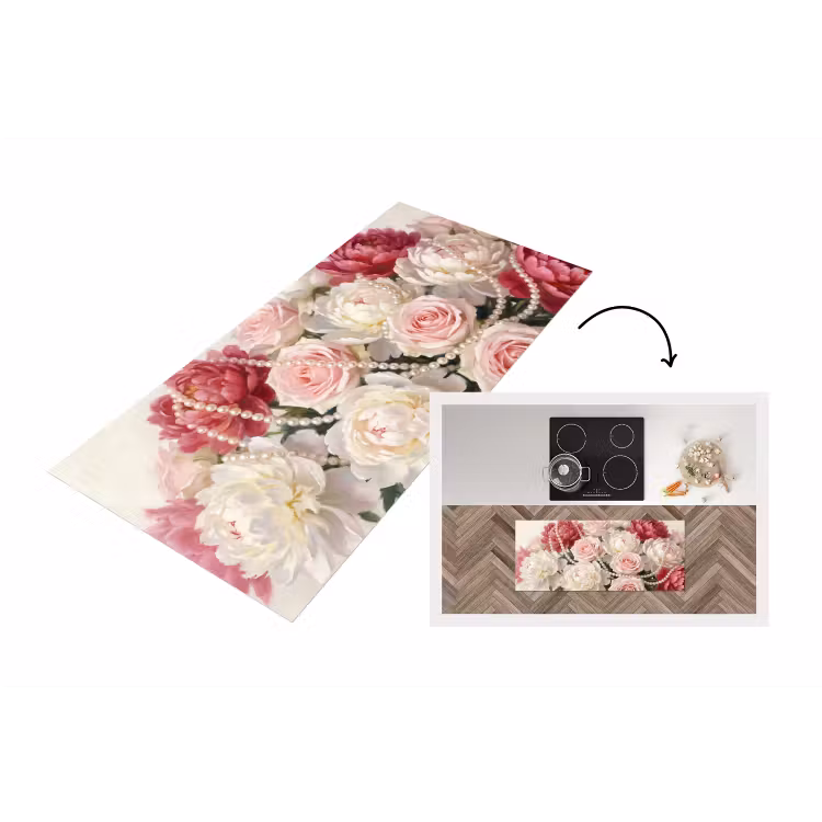 Bloemen - Parels - Romantiek - Klassiek - Roze Keukenloper - keukenmat middel -3d