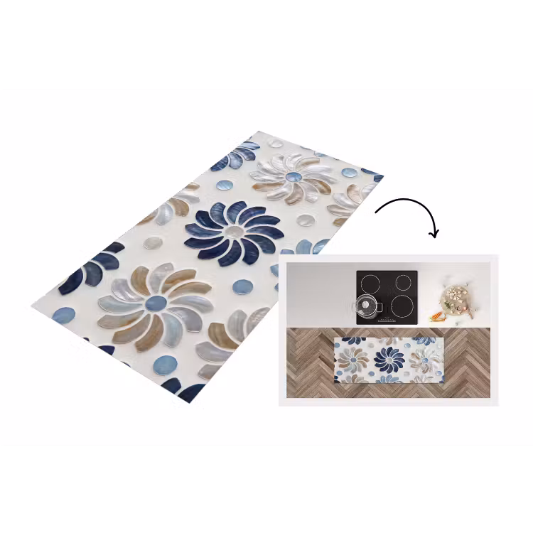 Bloemen - Parelmoer - Abstract - Patroon - Blauw Keukenloper - keukenmat middel -3d