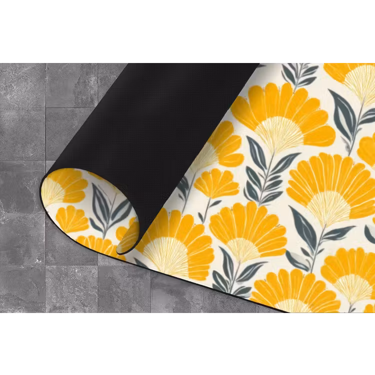 Bloemen - Retro - Botanisch - Okergeel - Grijs Keukenloper - keukenmat middel 536 -closeup