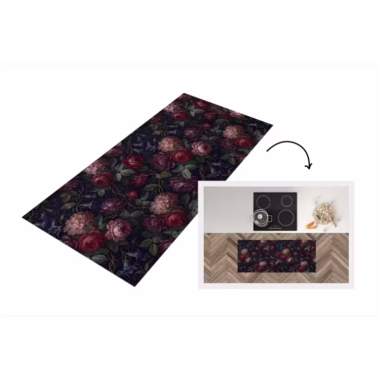 Bloemen - Rood - Klassiek - Donker - Patroon Keukenloper - keukenmat middel -3d
