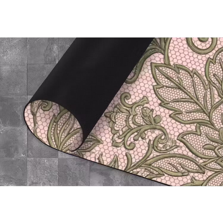 Bloemen - Kant - Patroon - Klassiek - Groen Keukenloper - keukenmat middel -closeup