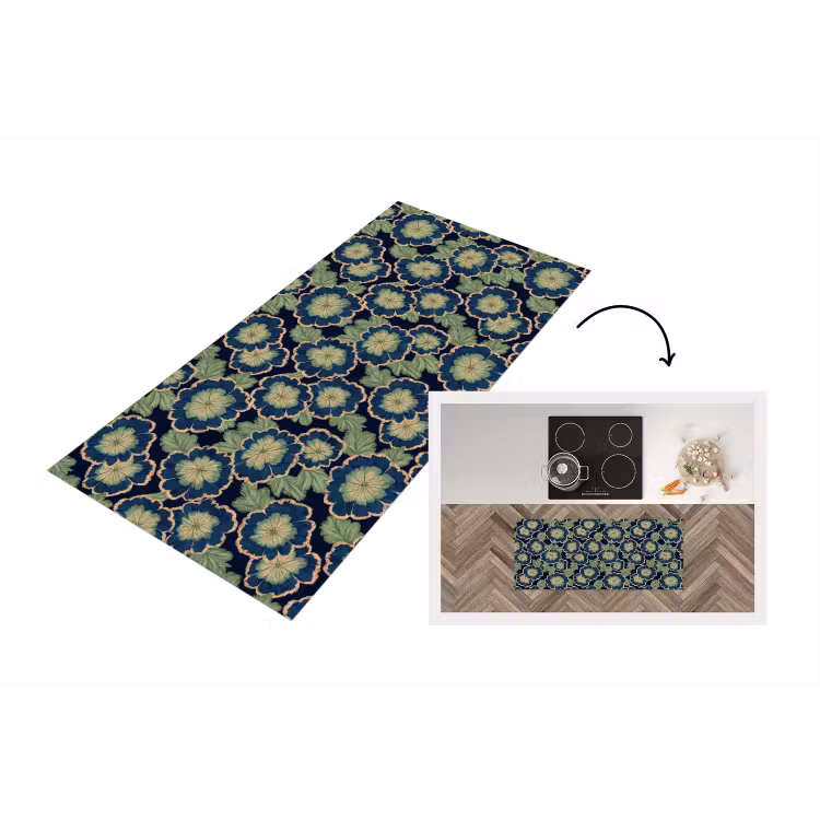 Bloemen - Borduurwerk - Patroon - Blauw - Groen Keukenloper - keukenmat middel 536 -3d