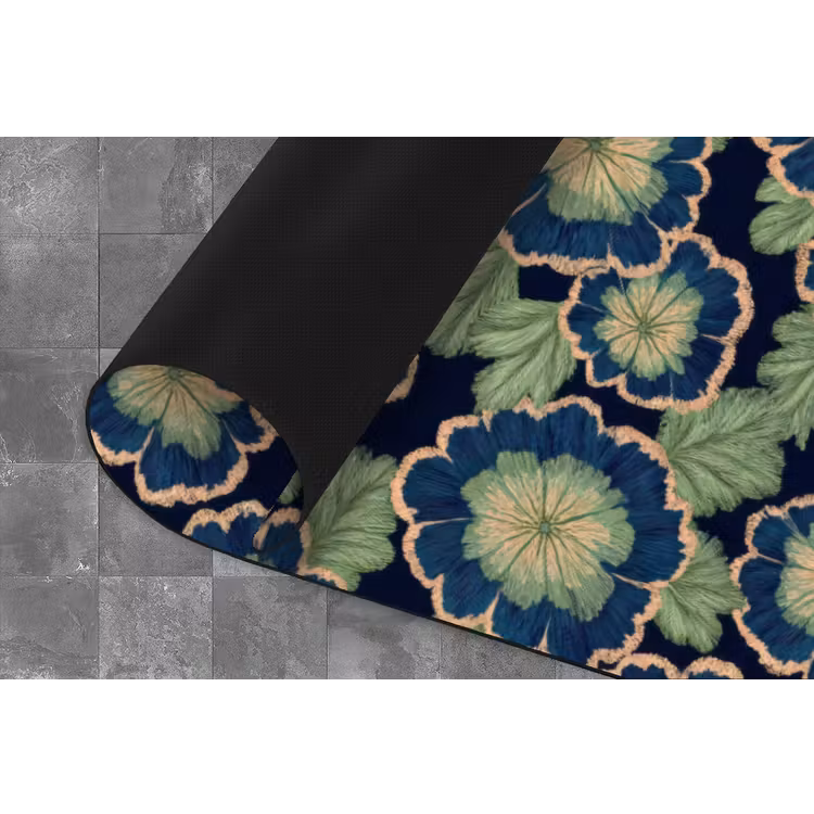 Bloemen - Borduurwerk - Patroon - Blauw - Groen Keukenloper - keukenmat middel 536 -closeup