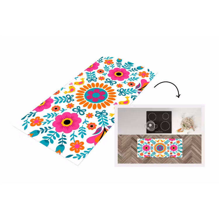 Bloemen - Vogel - Patroon - Kleurrijk - Modern Keukenloper - keukenmat middel -3d