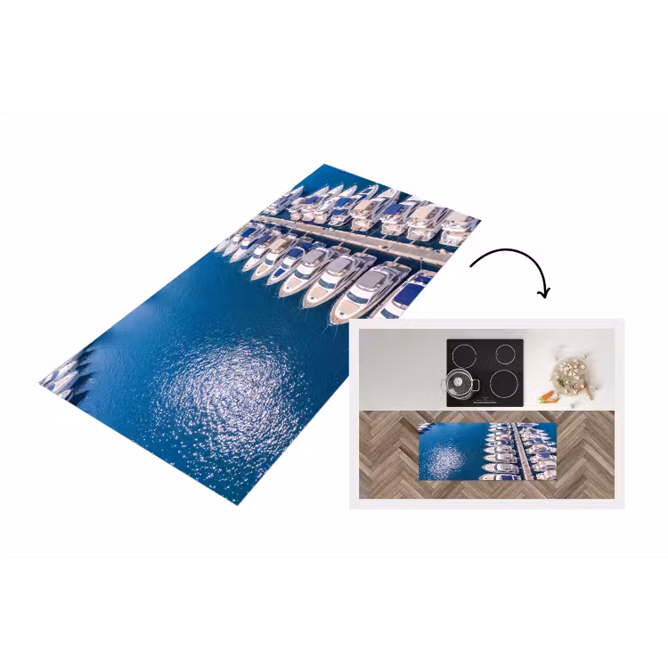 Boot - Jachthaven - Water - Zomer - Blauw Keukenloper - keukenmat middel -3d
