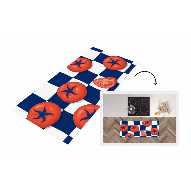 Eten - Tomaten - Keuken - Illustratie - Rood-Blauw Keukenloper - keukenmat middel -3d