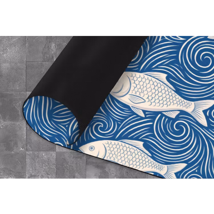 Vis - Water - Patroon - Grafisch - Blauw Keukenloper - keukenmat middel -closeup