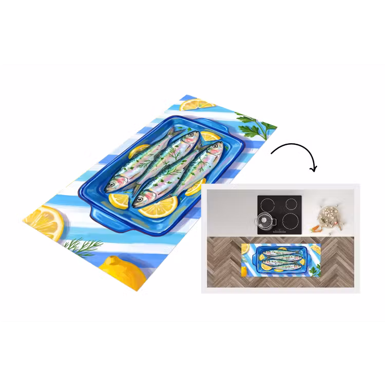 Vis - Citroen - Kruiden - Eten - Blauw Keukenloper - keukenmat middel -3d