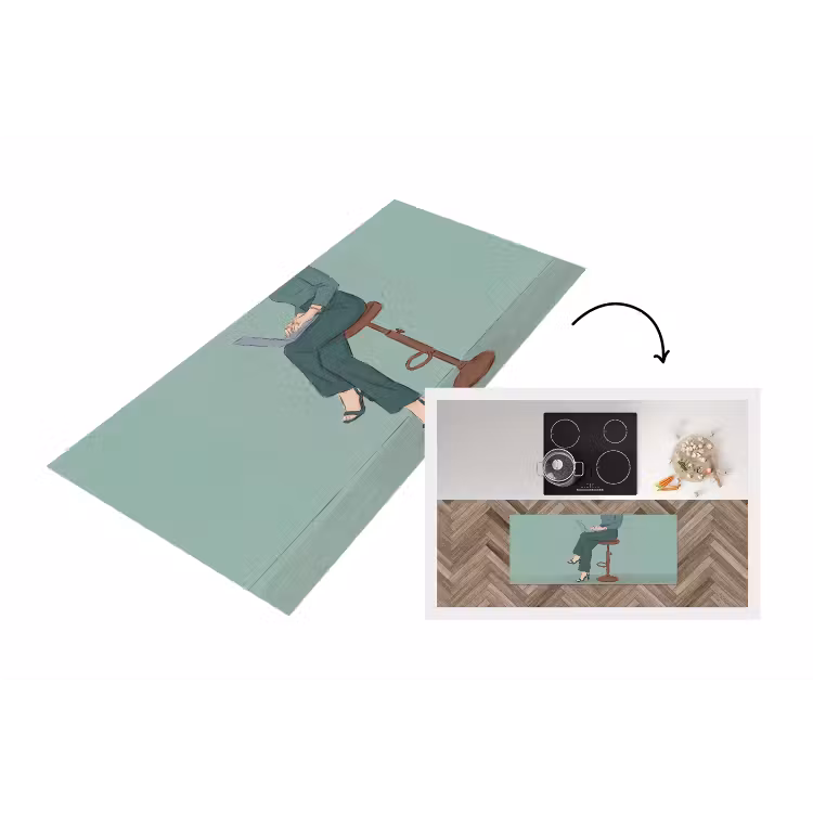 Vrouw - Laptop - Zittend - Illustratie - Groen Keukenloper - keukenmat middel -3d