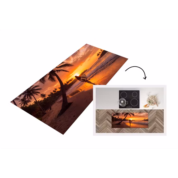 Vrouw - Surfplank - Strand - Zonsondergang - Oranje Keukenloper - keukenmat middel -3d
