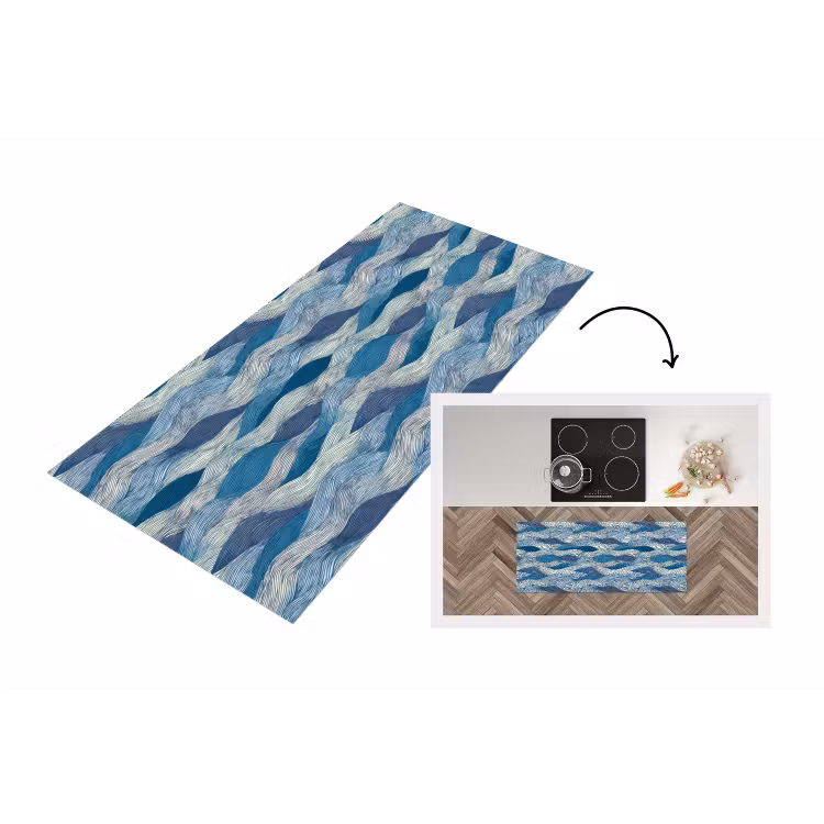 Getekend - Blauw - Wit - Golvend - Streepjes Keukenloper - keukenmat middel 536 -3d
