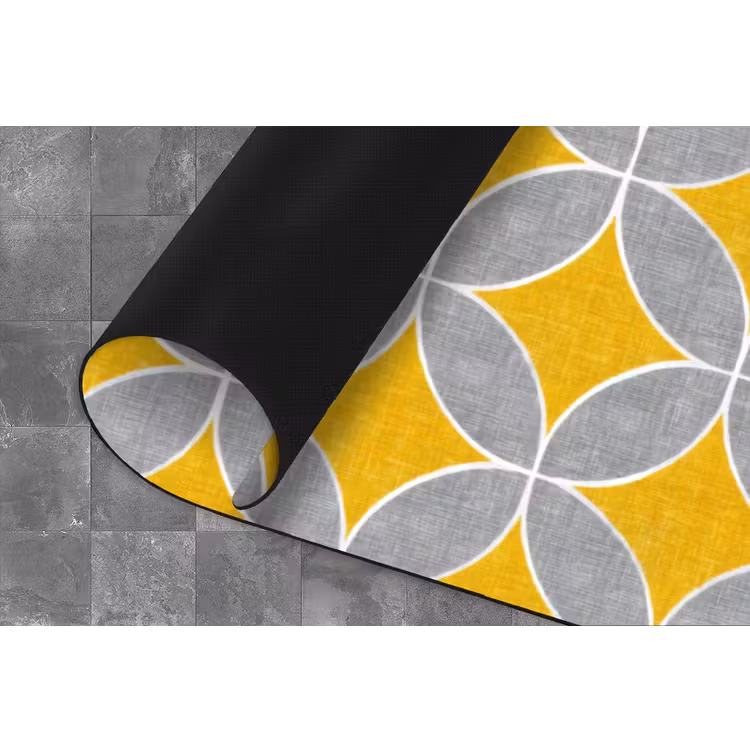 Geometrisch - Cirkels - Textuur - Grijs - Geel Keukenloper - keukenmat middel 536 -closeup