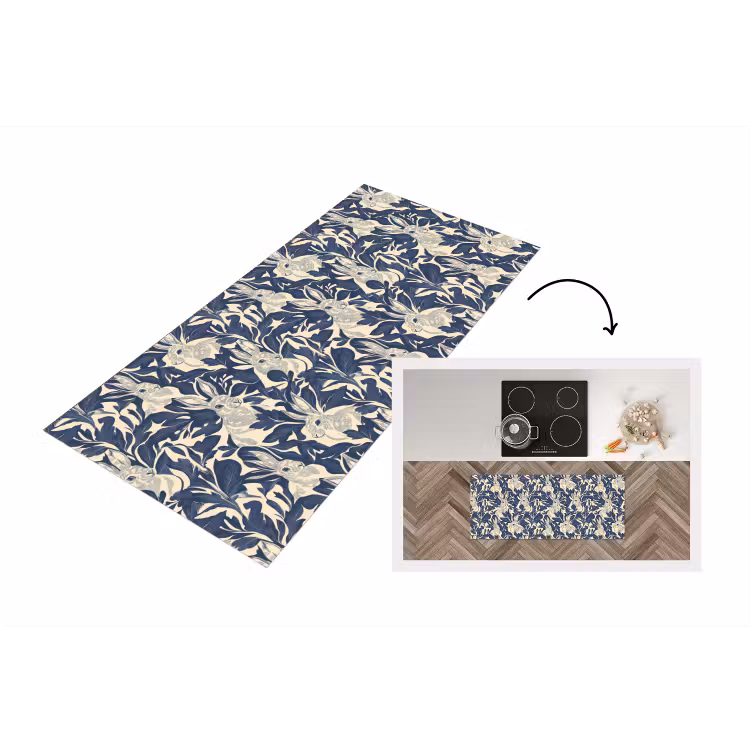 Hazen - Bladeren - Patroon - Blauw - Beige Keukenloper - keukenmat middel 536 -3d
