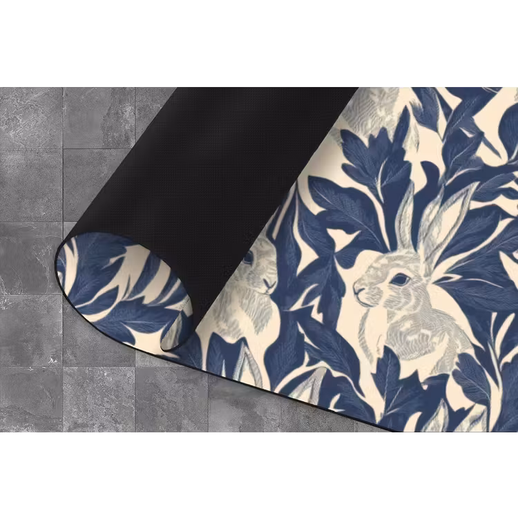 Hazen - Bladeren - Patroon - Blauw - Beige Keukenloper - keukenmat middel 536 -closeup