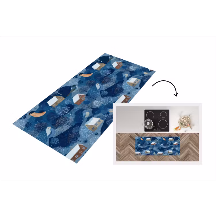Huisjes - Vogels - Sneeuw - Winter - Blauw Keukenloper - keukenmat middel 536 -3d