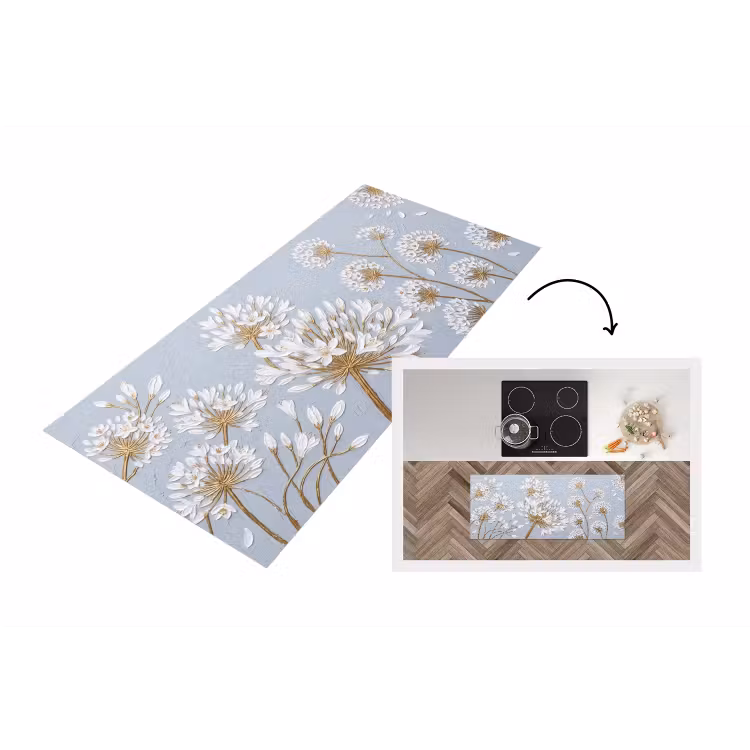 Illustratie - Bloemen - Blauw Keukenloper - keukenmat middel -3d