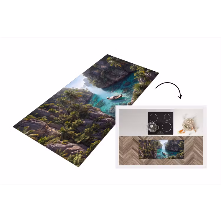 Eiland - Tropisch - Water - Palmbomen - Natuur Keukenloper - keukenmat middel -3d
