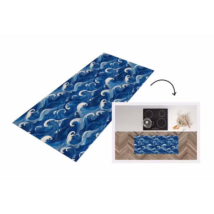 Japans - Oceaan - Golven - Blauw Keukenloper - keukenmat middel 536 -3d