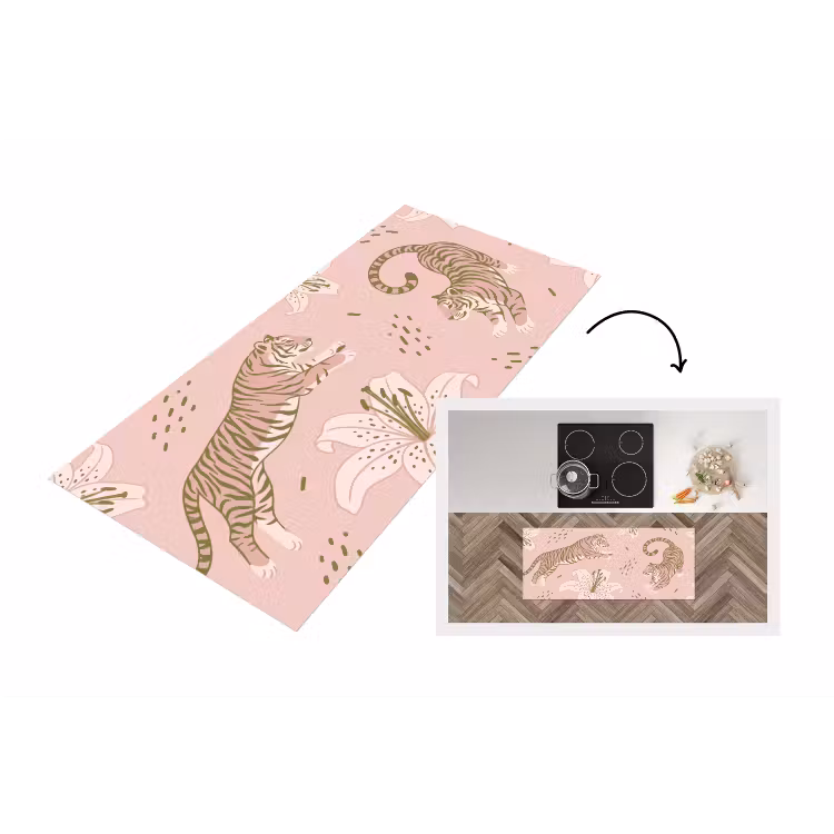 Kat - Springend - Bloemen - Abstract - Roze Keukenloper - keukenmat middel -3d