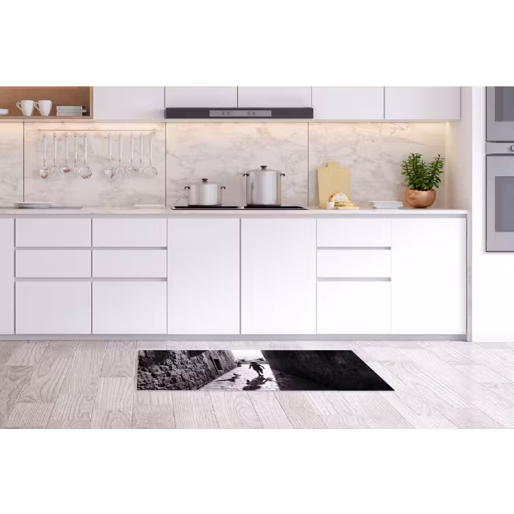 Kind - Vogel - Straat - Zwart-wit - Spelen Keukenloper - keukenmat middel -sfeer3