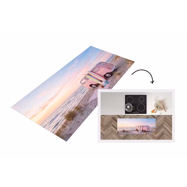Busje - Strand - Surfplank - Zomer - Roze Keukenloper - keukenmat middel -3d