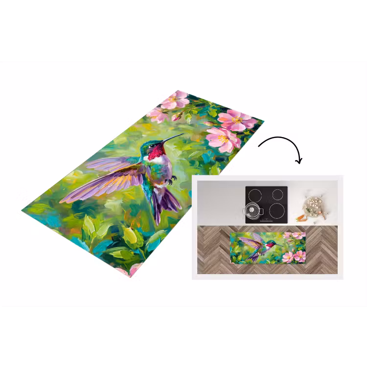 Kolibrie - Bloemen - Natuur - Kleurrijk Keukenloper - keukenmat middel -3d