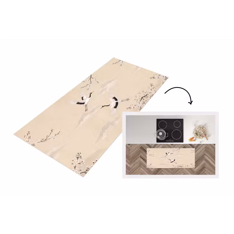 Kraanvogels - Bloesem - Beige Keukenloper - keukenmat middel -3d