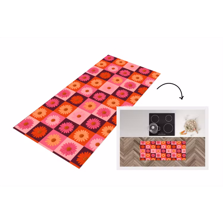 Madeliefjes - Dambord - Retro - Roze - Oranje Keukenloper - keukenmat middel 536 -3d