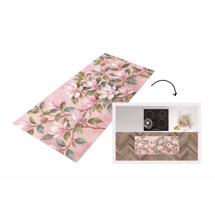 Magnolia's - Patroon - Roze Keukenloper - keukenmat middel -3d
