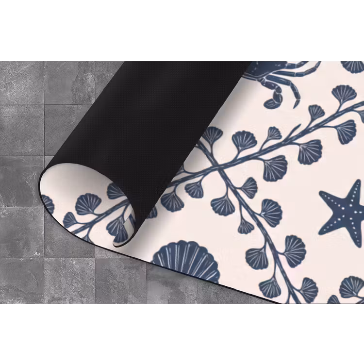 Zee - Krab - Zeester - Patroon - Blauw Keukenloper - keukenmat middel -closeup