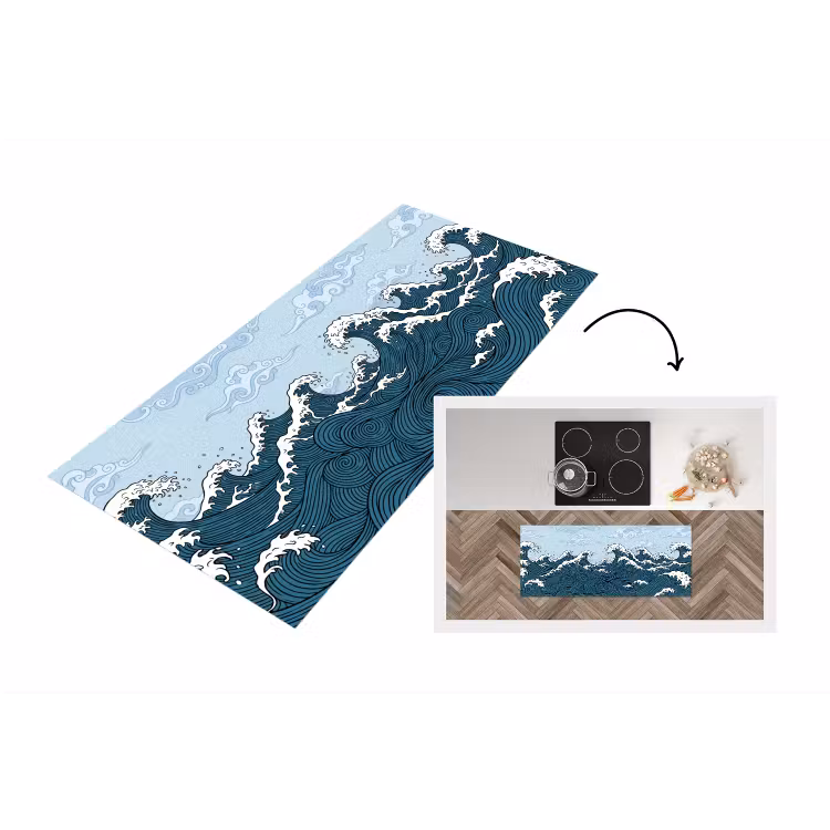 Zee - Golven - Japans - Natuur - Blauw Keukenloper - keukenmat middel -3d