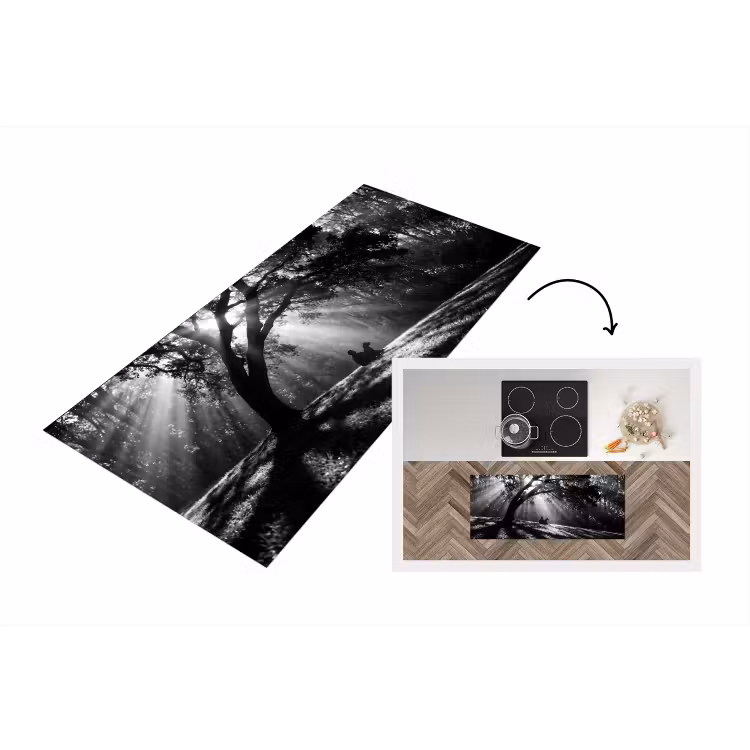 Mens - Hond - Natuur - Zwart-wit - Silhouet Keukenloper - keukenmat middel -3d