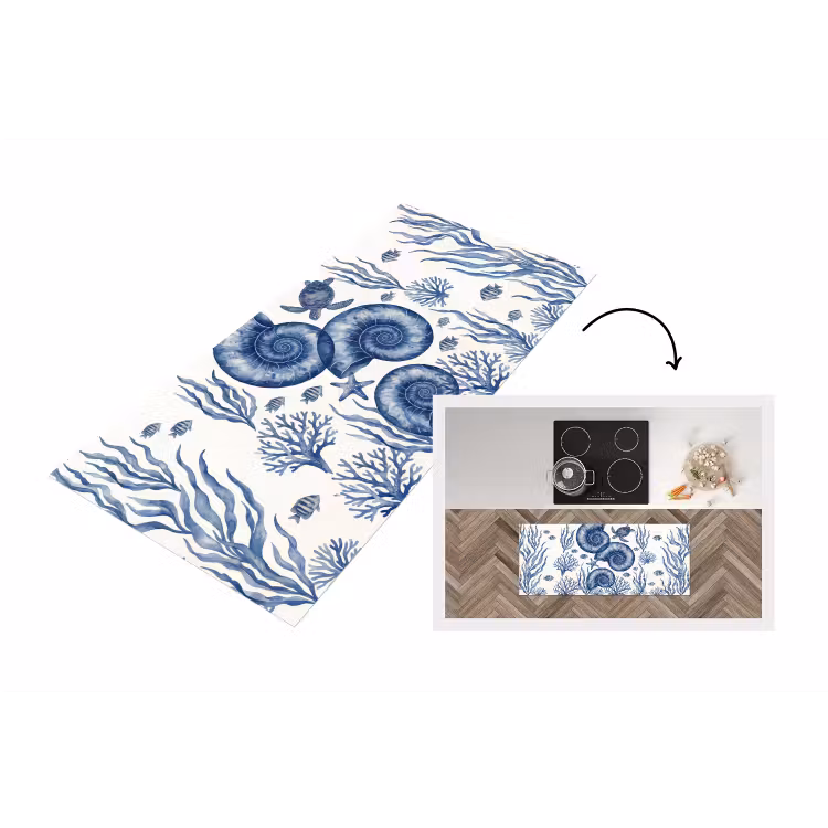 Schelp - Spiraal - Zeeleven - Aquarel - Blauw Keukenloper - keukenmat middel -3d