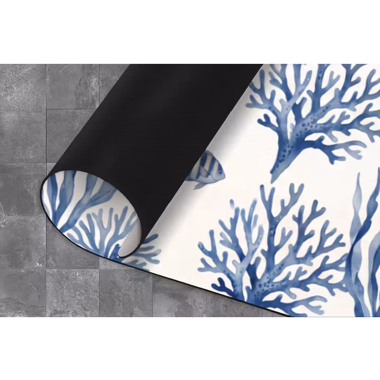 Schelp - Spiraal - Zeeleven - Aquarel - Blauw Keukenloper - keukenmat middel -closeup